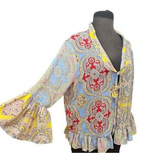 Y2K Semi Sheer Boho Colorful Bell Sleeve Ruffled Jacket XL Feminine Festival